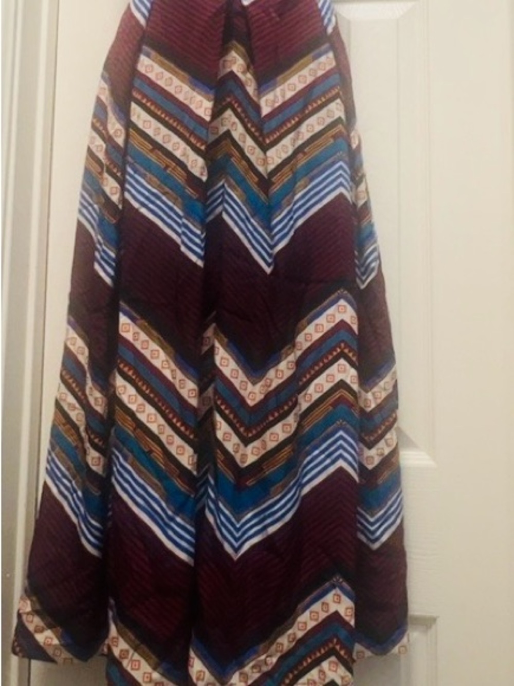Astr Chevron Capris in Burgundy, Blue and Tan (Bin 5-015)